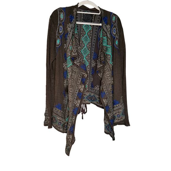 Biya Johnny Was black blue embroidered drapery Aztec print cardigan sweater - Picture 1 of 8